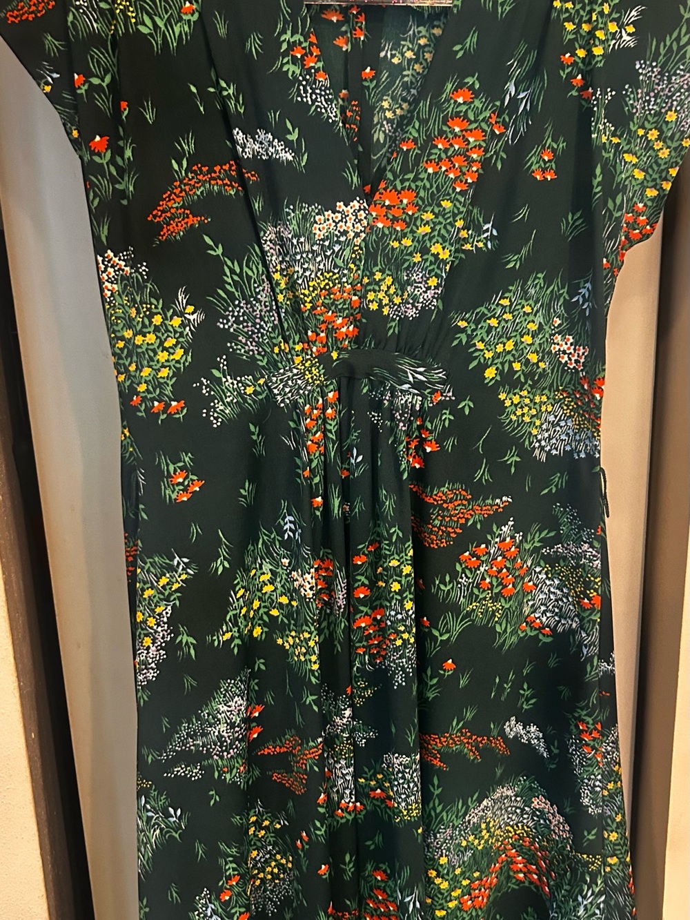 Dark Green Floral Wrap Dress with Tie Waist